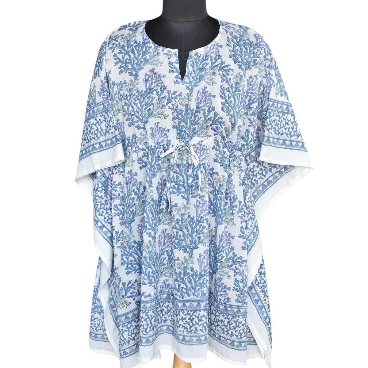 String Kaftan Free Size Indian Block Printed on Soft Cotton Voile Coral Multi Blue 502087