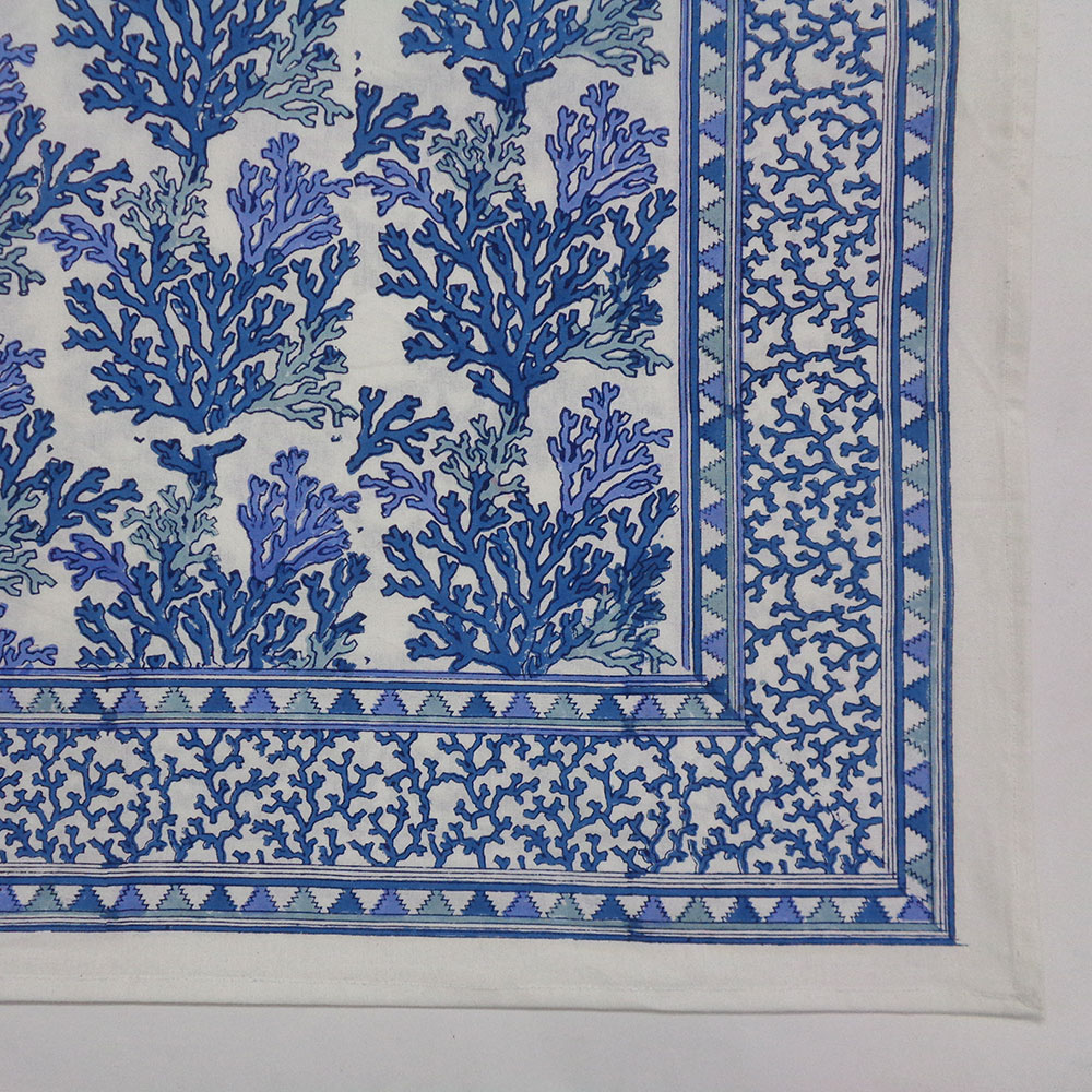 Hand Block Printed Cotton Tablecloth 150x220 cms Coral Multi Blue 502087