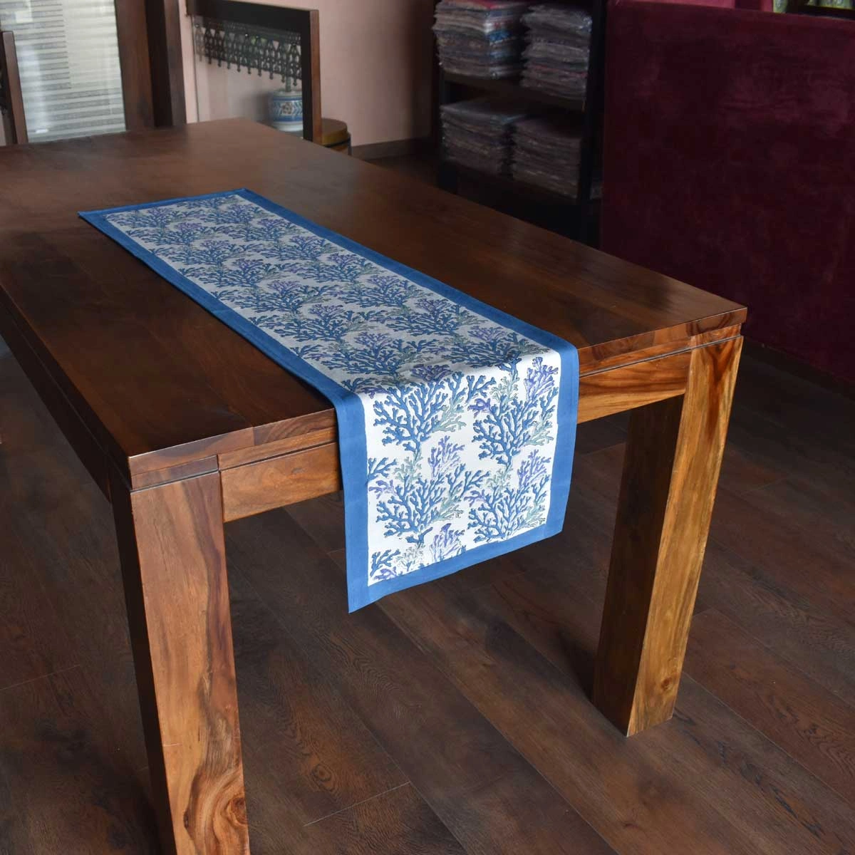 Hand Block Printed Cotton Canvas Table Runner 33x120 cms Coral Multi Blue 502087