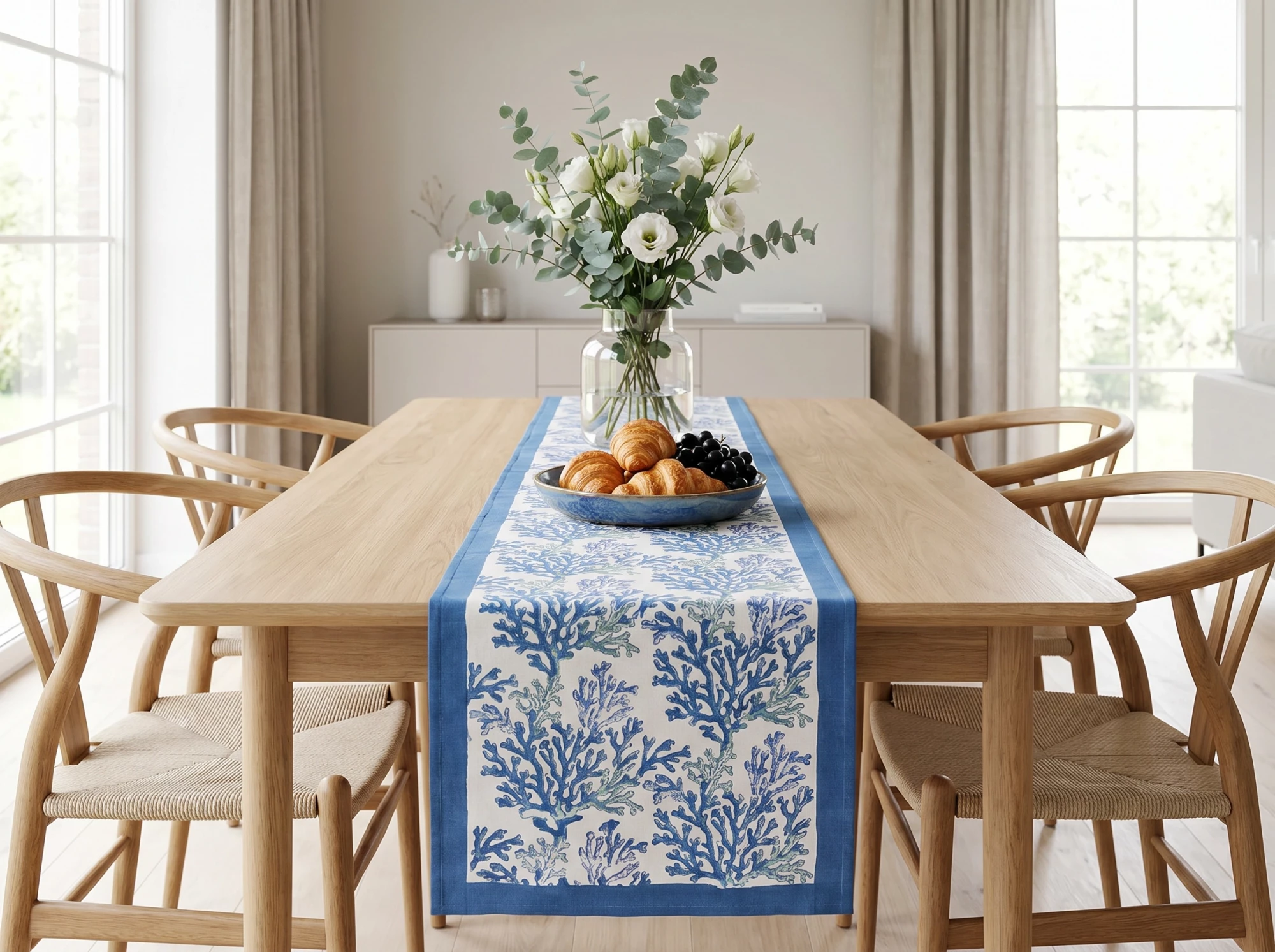 Hand Block Printed Cotton Canvas Table Runner 33x120 cms Coral Multi Blue 502087
