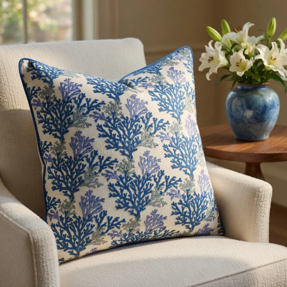 Image of Piping Cushion Cover 50x50 cms | Coral Multi Blue 502087