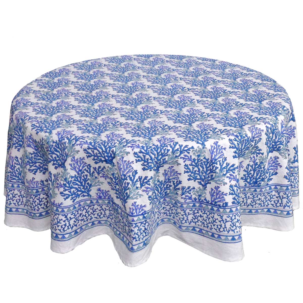 Hand Block Printed Cotton Round Tablecloth 150 cms  Coral Multi Blue 502087