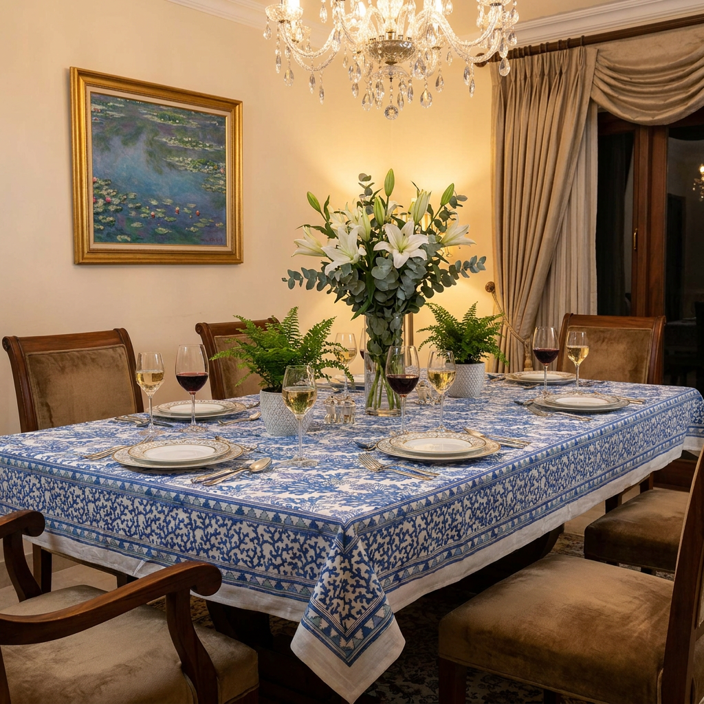 Hand Block Printed Cotton Tablecloth 150x220 cms Coral Multi Blue 502087