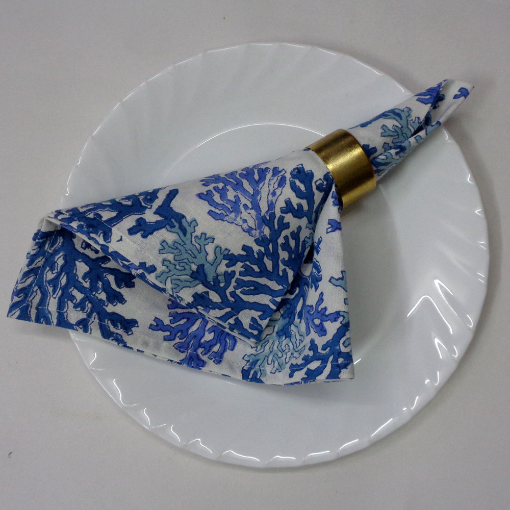 Hand Block Printed Cotton Napkin 45x45 cms Set of 4 Napkins Coral Multi Blue 502087