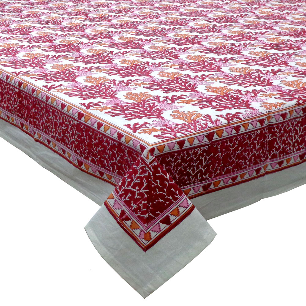 Hand Block Printed Cotton Tablecloth 150x220 cms Coral Multi Red 701927