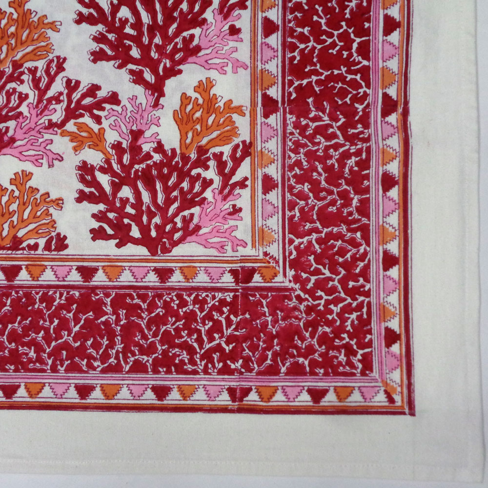 Hand Block Printed Cotton Tablecloth 150x220 cms Coral Multi Red 701927