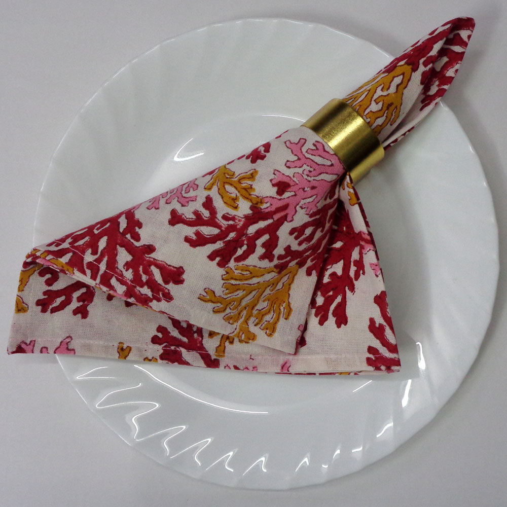 Hand Block Printed Cotton Napkin 45x45 cms Set of 4 Napkins Coral Multi Red 701927