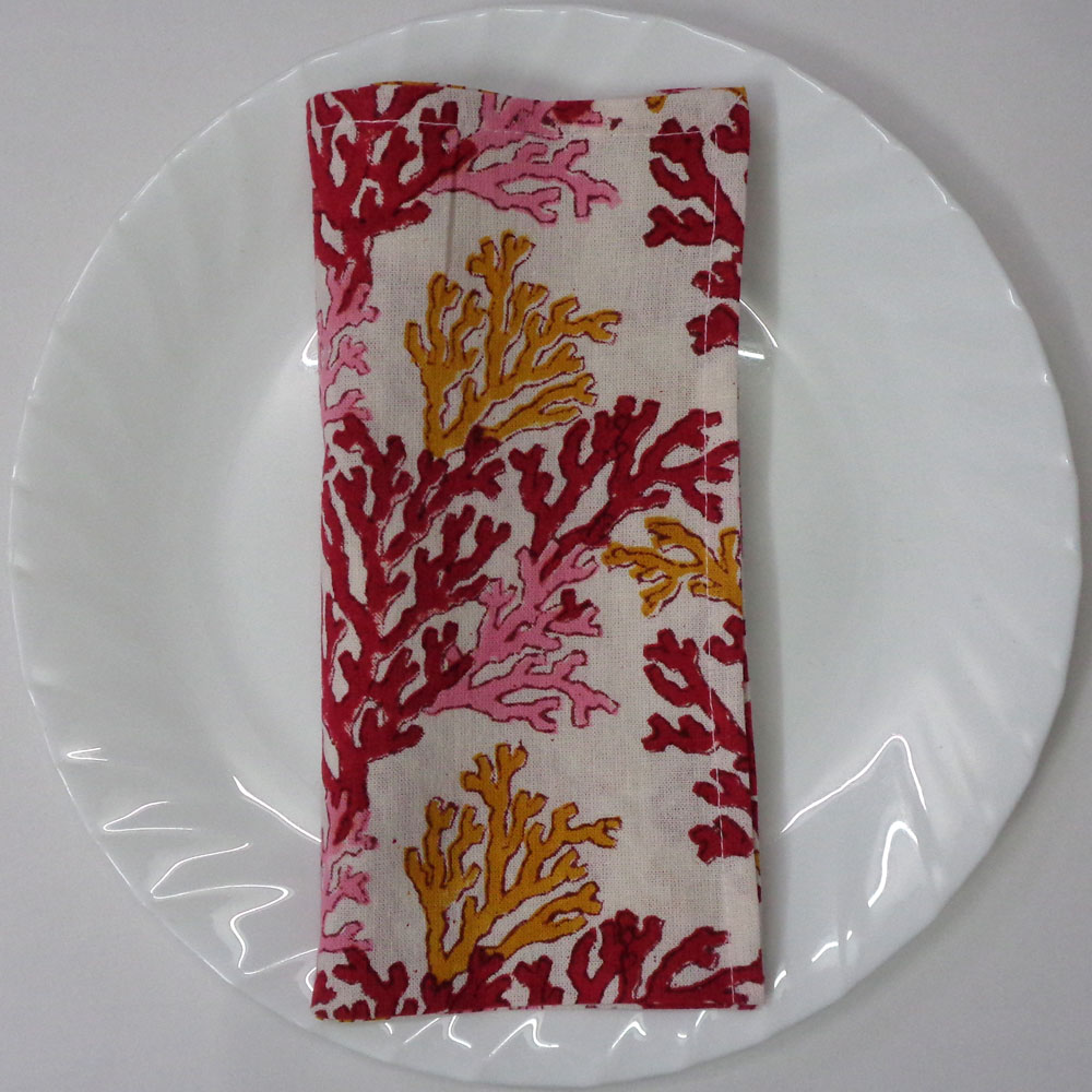 Hand Block Printed Cotton Napkin 45x45 cms Set of 4 Napkins Coral Multi Red 701927