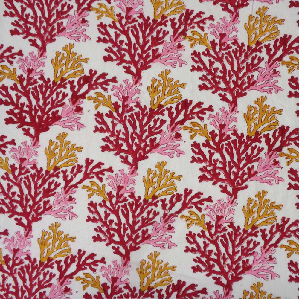 5 Yard Running Fabric Hand Block Printed Cotton 20 Sheeting Fabric Coral Multi Red 701927