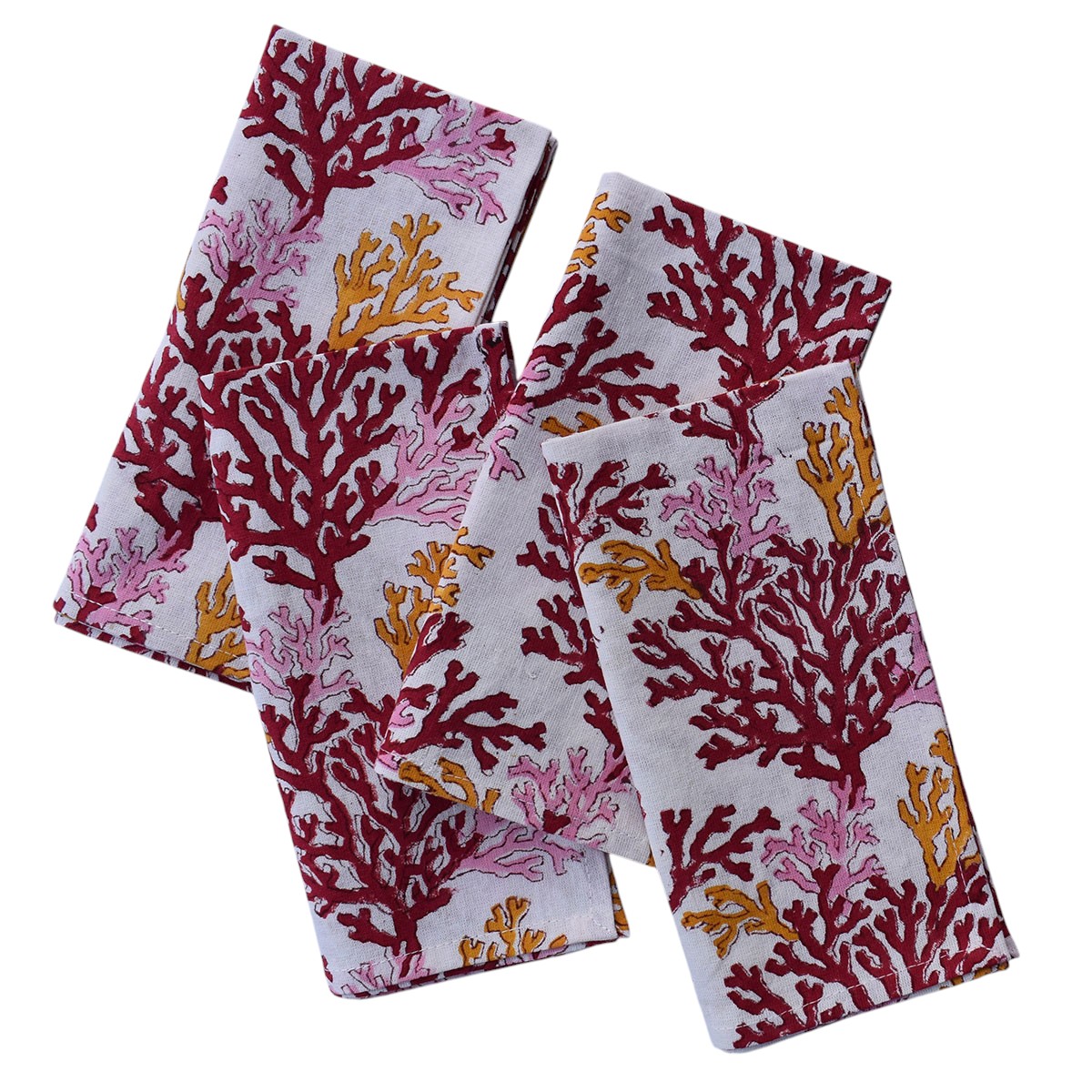 Hand Block Printed Cotton Napkin 45x45 cms Set of 4 Napkins Coral Multi Red 701927
