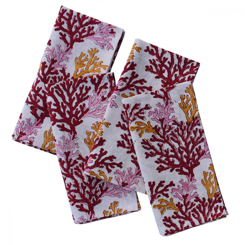 Image of Hand Block Printed Cotton Napkin 45x45 cms (Set of 4 Napkins) | Coral Multi Red 701927