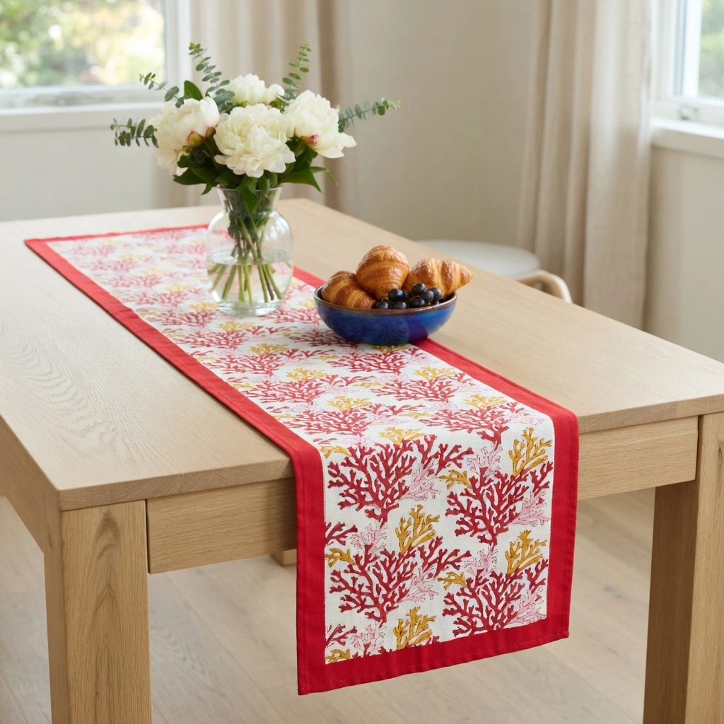 Hand Block Printed Cotton Canvas Table Runner 33x170 cms Coral Multi Red 701927