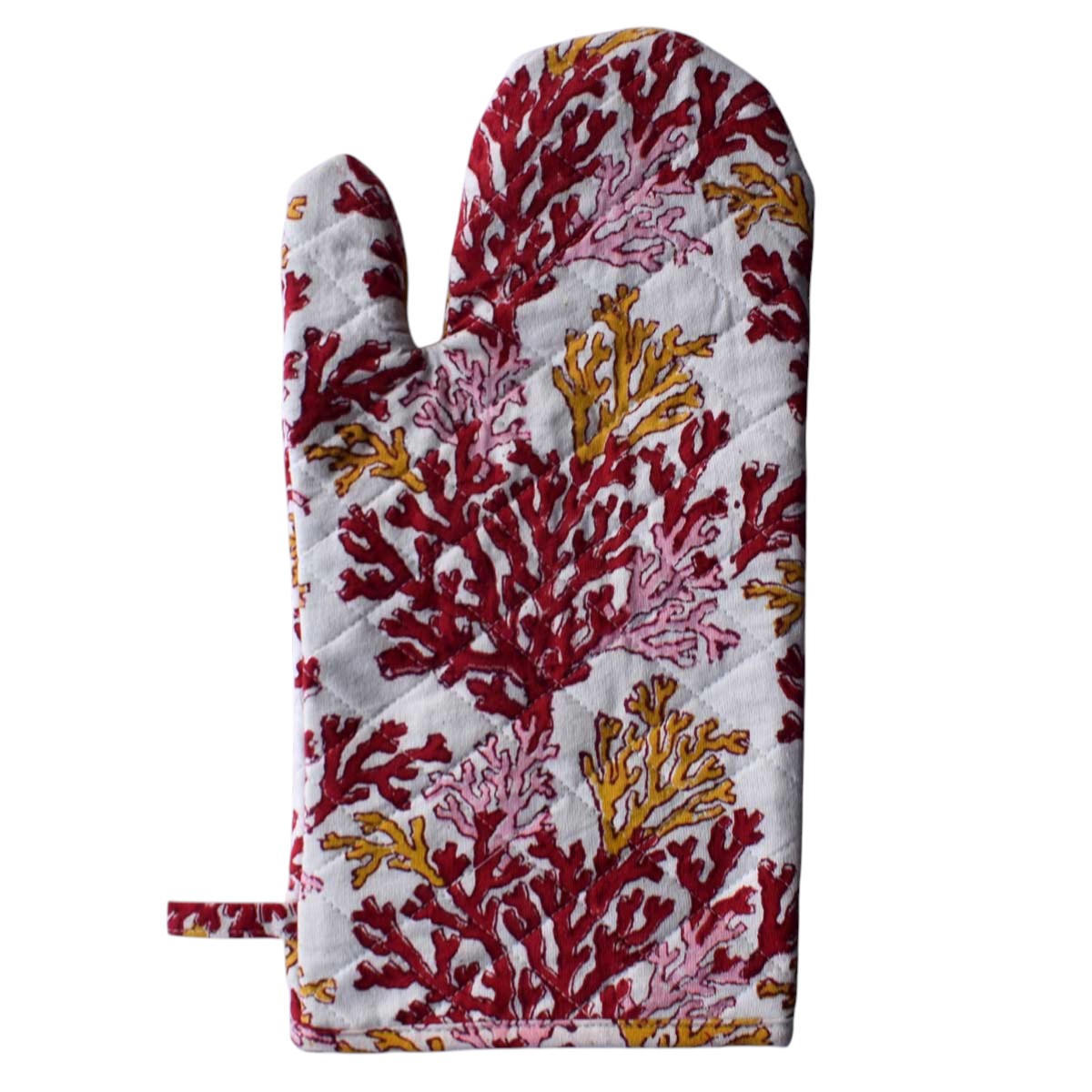 Artisan-Made Hand Block Printed Oven Mitt and Pot Holder Set  Coral Multi Red 701927
