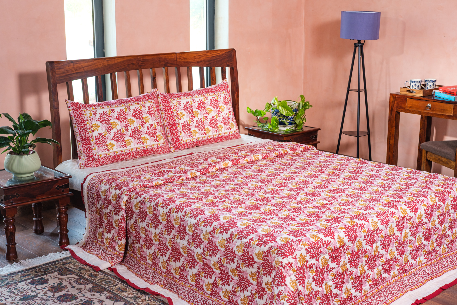 Hand Block Printed Cotton Quilt King Size Coral Multi Red 701927