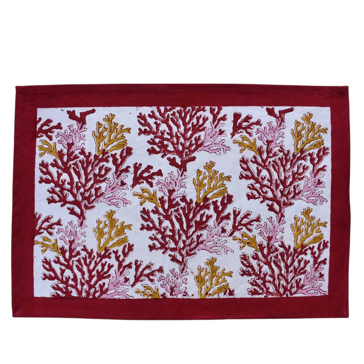 Hand Block Printed Cotton Canvas Table Mat 32x48 cms Set of 2 Table mats Coral Multi Red 701927