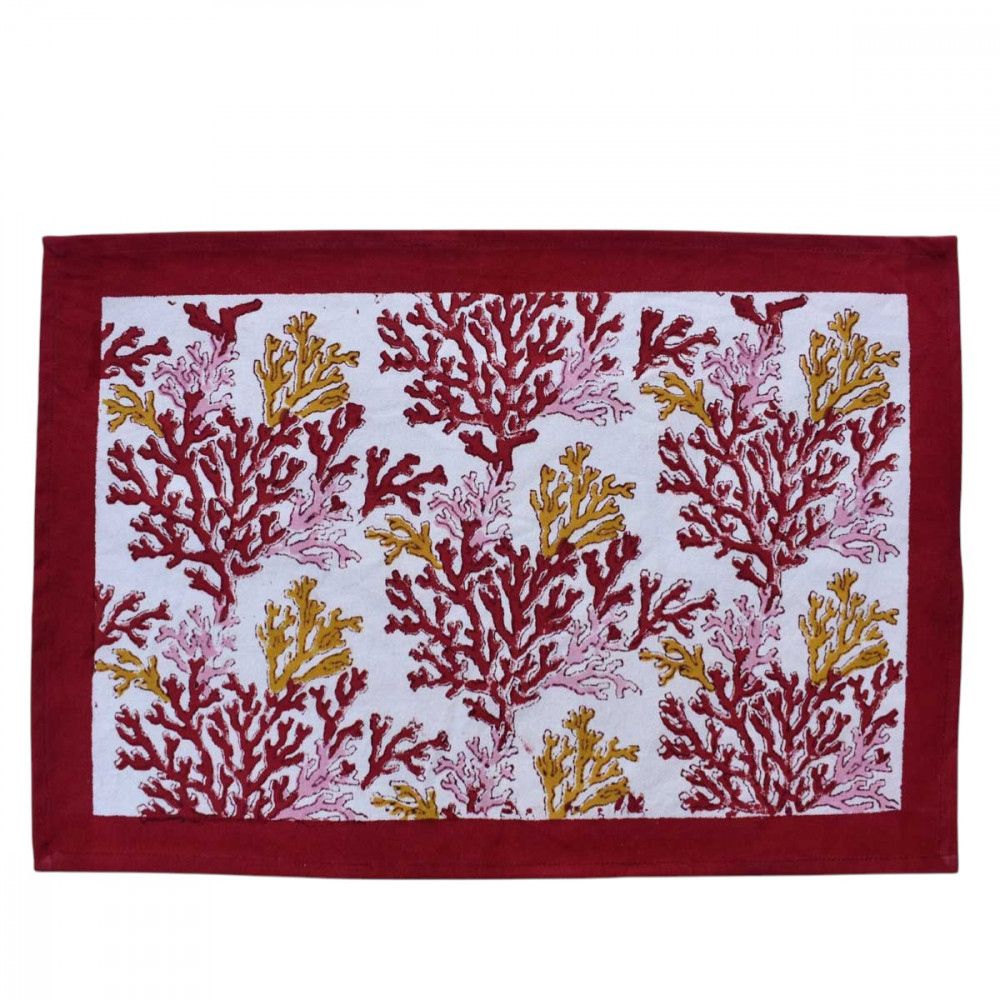 Image of Hand Block Printed Cotton Canvas Table Mat 32x48 cms (Set of 2 Table mats) | Coral Multi Red 701927