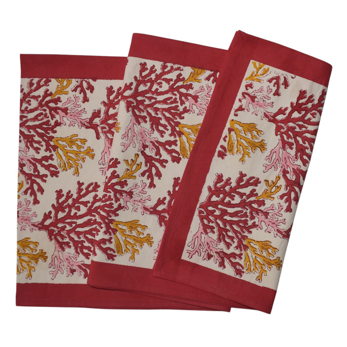Hand Block Printed Cotton Canvas Table Runner 33x170 cms Coral Multi Red 701927
