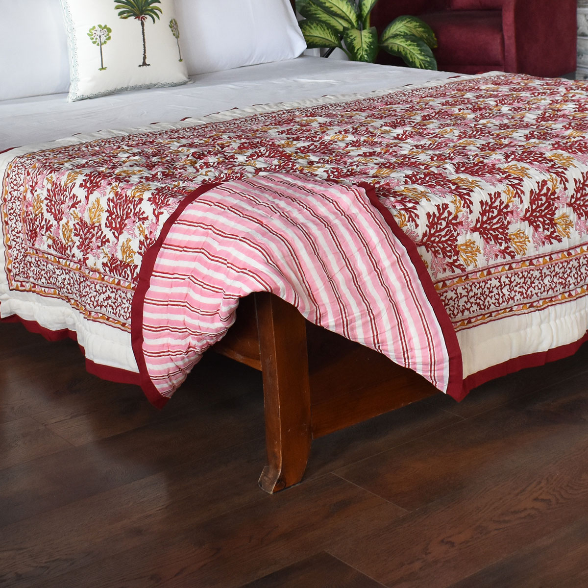 Hand Block Printed Cotton Twin Size Quilt  Coral Multi Red 701927