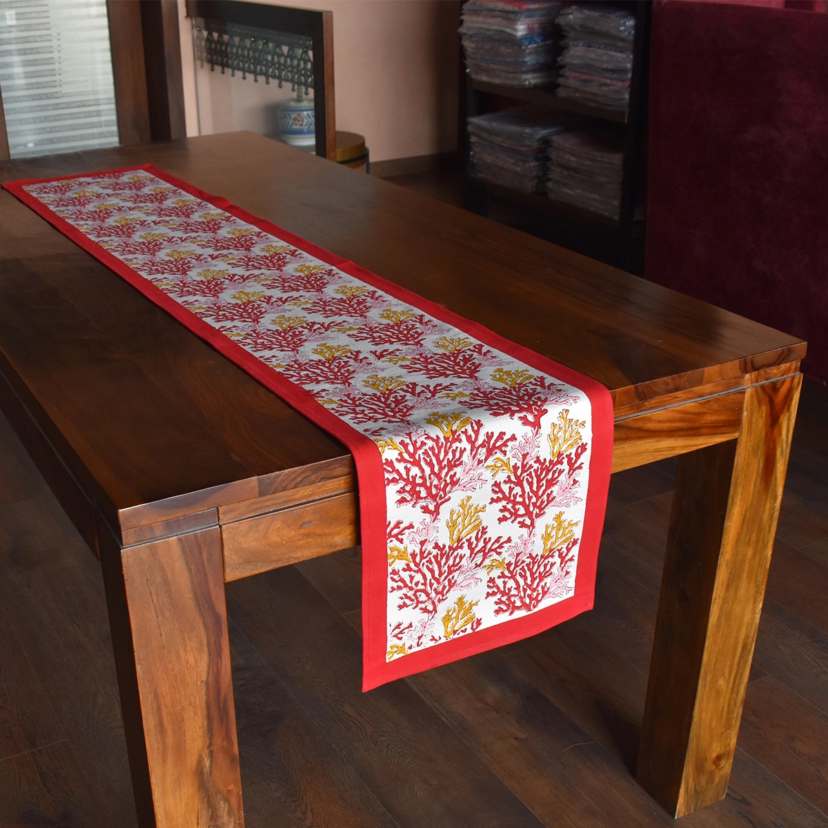 Hand Block Printed Cotton Canvas Table Runner 33x170 cms Coral Multi Red 701927