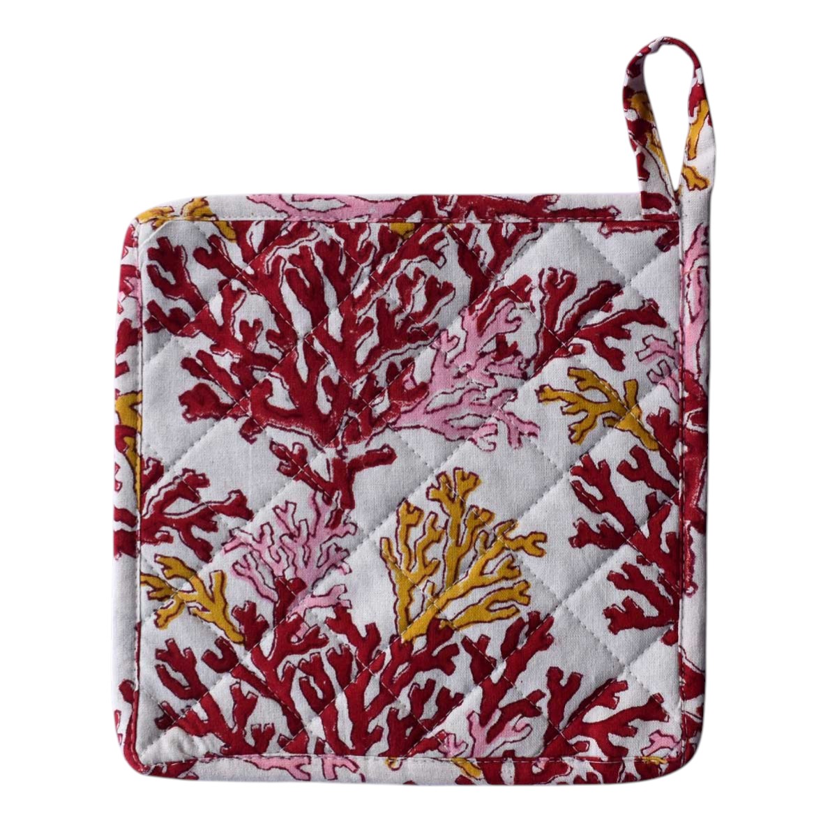 Artisan-Made Hand Block Printed Oven Mitt and Pot Holder Set Coral Multi Red 701927