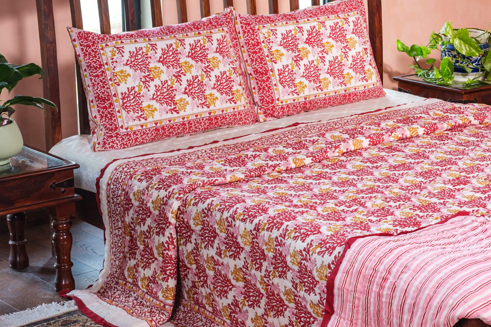 Hand Block Printed Cotton Quilt King Size Coral Multi Red 701927