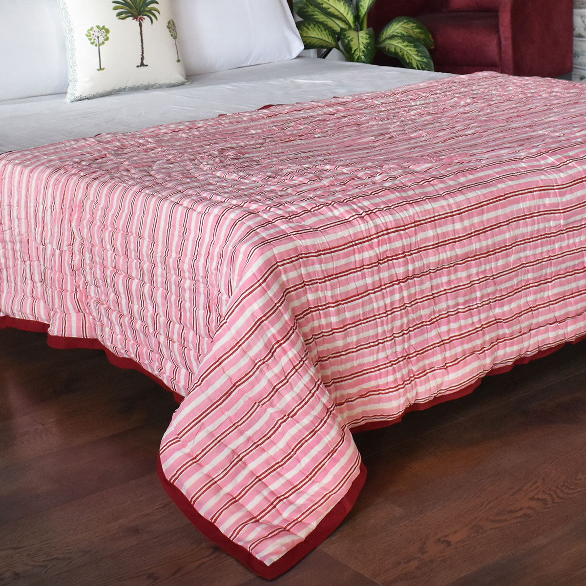 Hand Block Printed Cotton Twin Size Quilt Coral Multi Red 701927