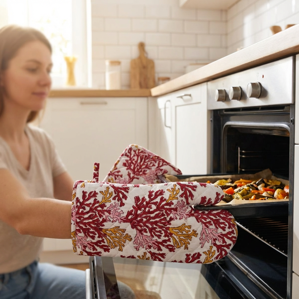 Artisan-Made Hand Block Printed Oven Mitt and Pot Holder Set Coral Multi Red 701927