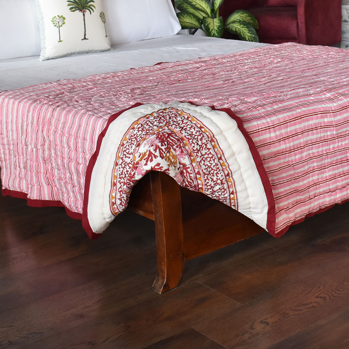 Hand Block Printed Cotton Twin Size Quilt  Coral Multi Red 701927