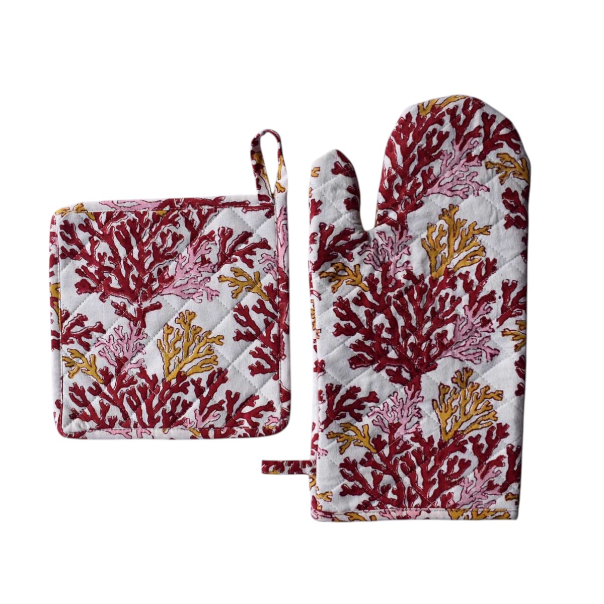 Artisan-Made Hand Block Printed Oven Mitt and Pot Holder Set Coral Multi Red 701927