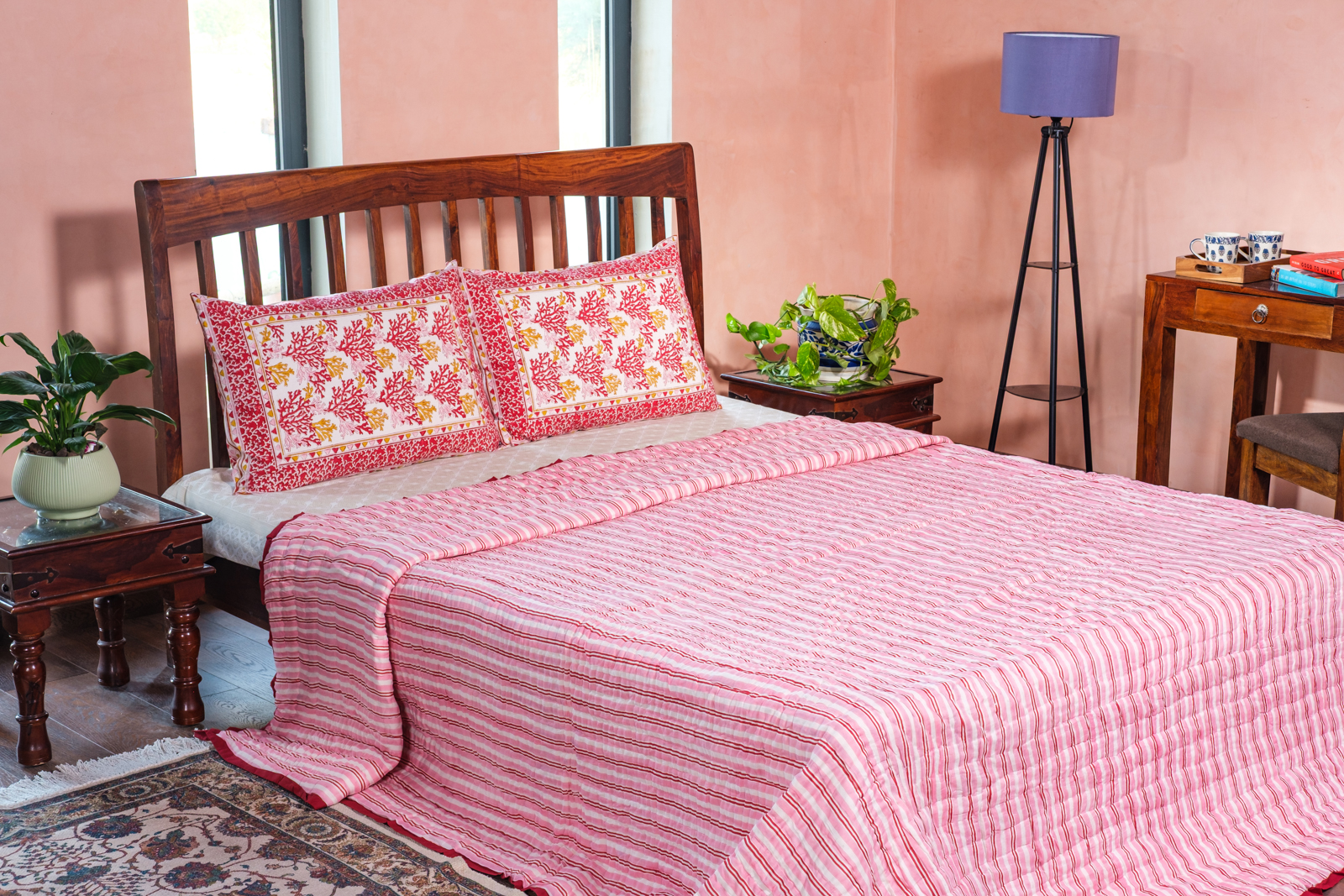 Hand Block Printed Cotton Quilt King Size Coral Multi Red 701927