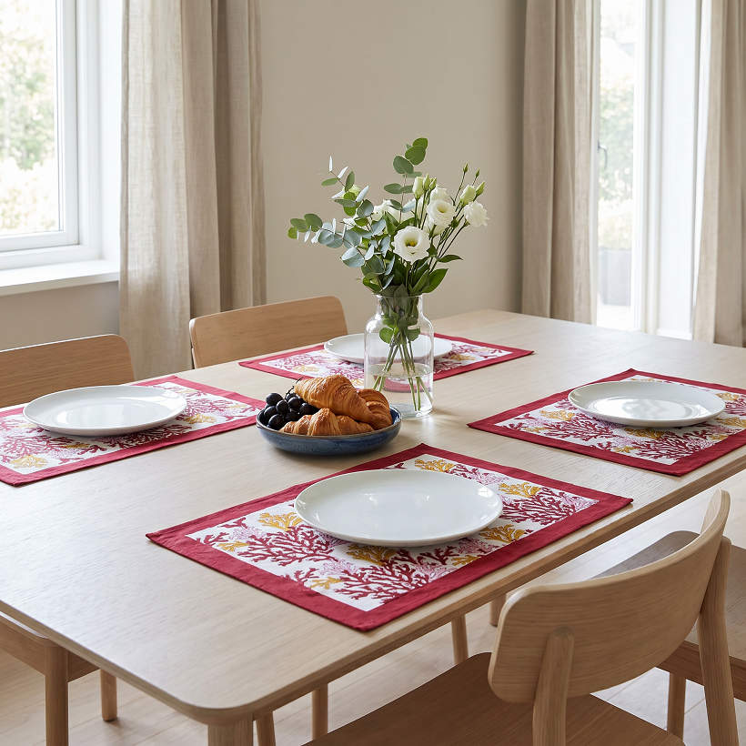 Hand Block Printed Cotton Canvas Table Mat 32x48 cms Set of 2 Table mats Coral Multi Red 701927