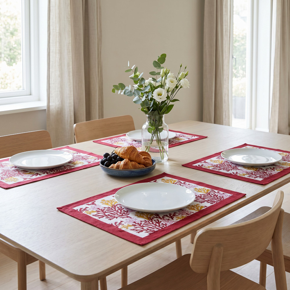 Image of Hand Block Printed Cotton Canvas Table Mat 32x48 cms (Set of 2 Table mats) | Coral Multi Red 701927