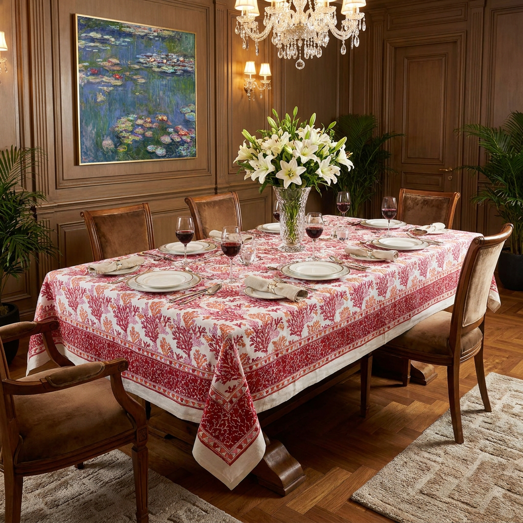 Hand Block Printed Cotton Tablecloth 150x220 cms Coral Multi Red 701927