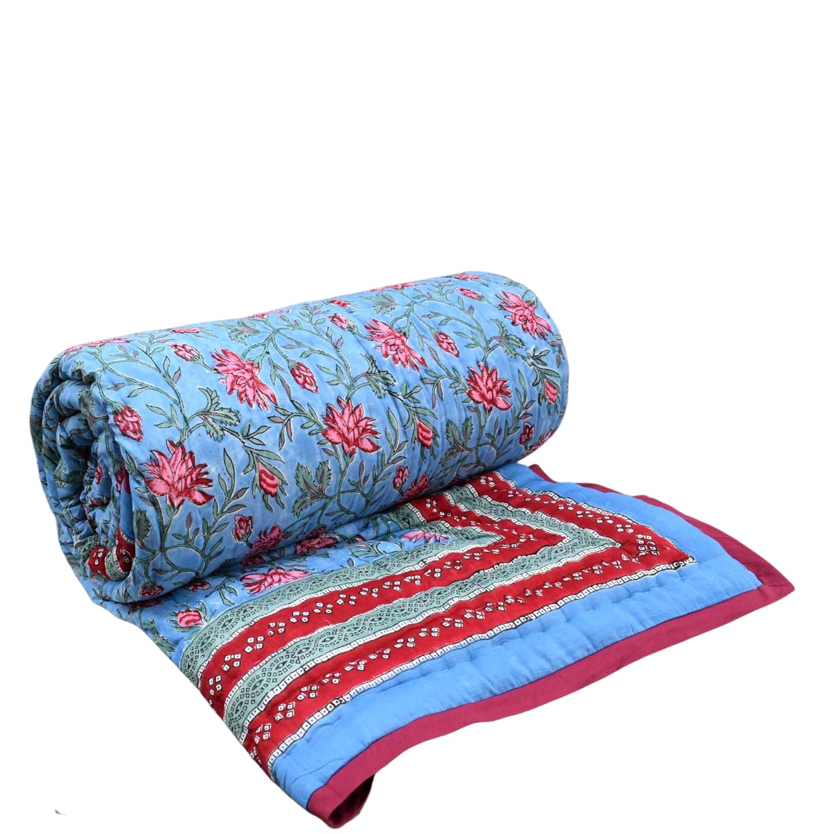 Hand Block Printed Cotton Queen Quilt Cornflower Blue Gud 104845