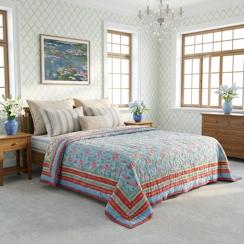 Hand Block Printed Cotton Queen Quilt Cornflower Blue Gud 104845