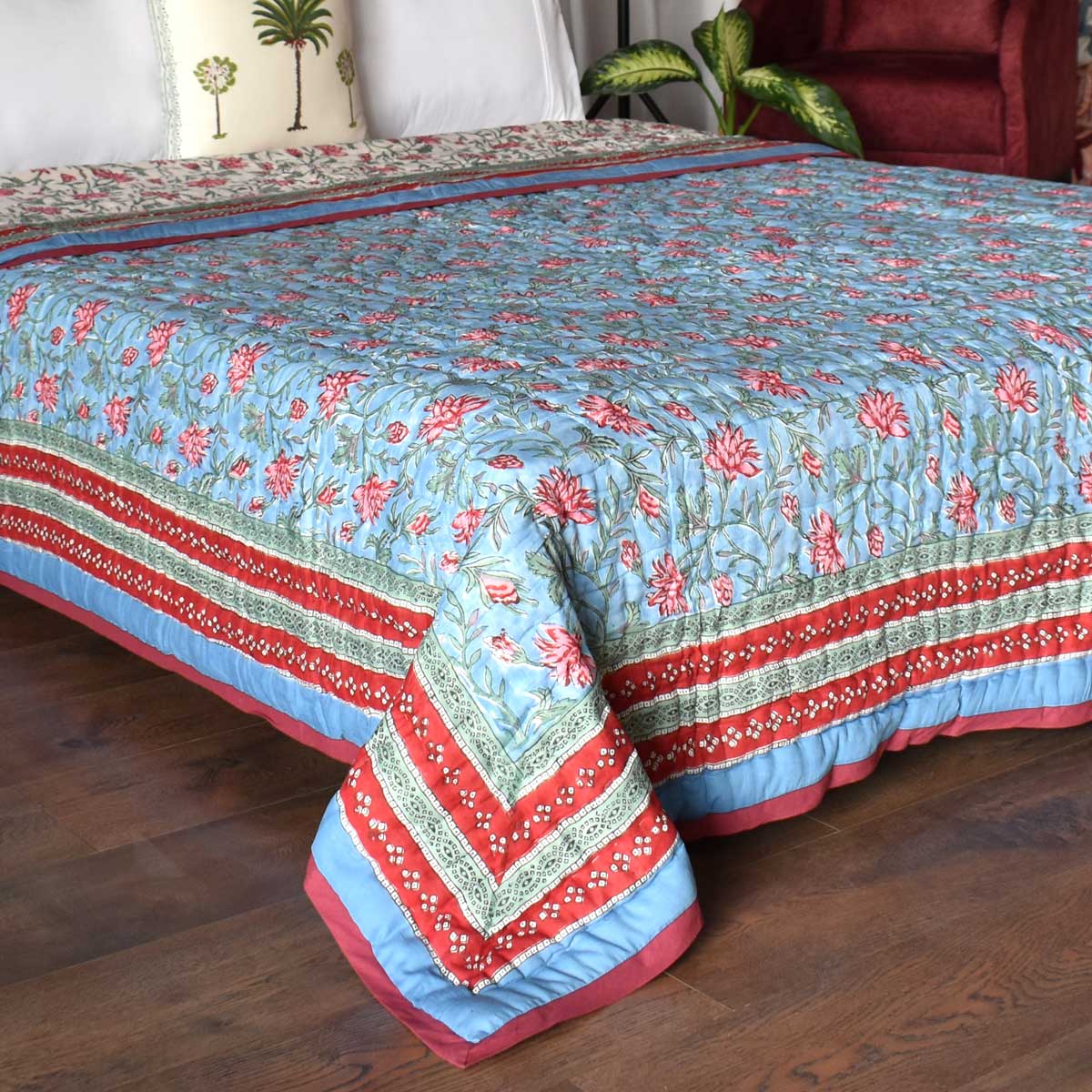 Hand Block Printed Cotton Queen Quilt Cornflower Blue Gud 104845
