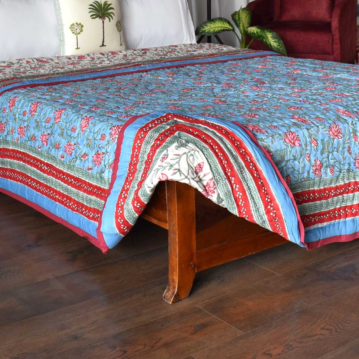 Hand Block Printed Cotton Queen Quilt Cornflower Blue Gud 104845