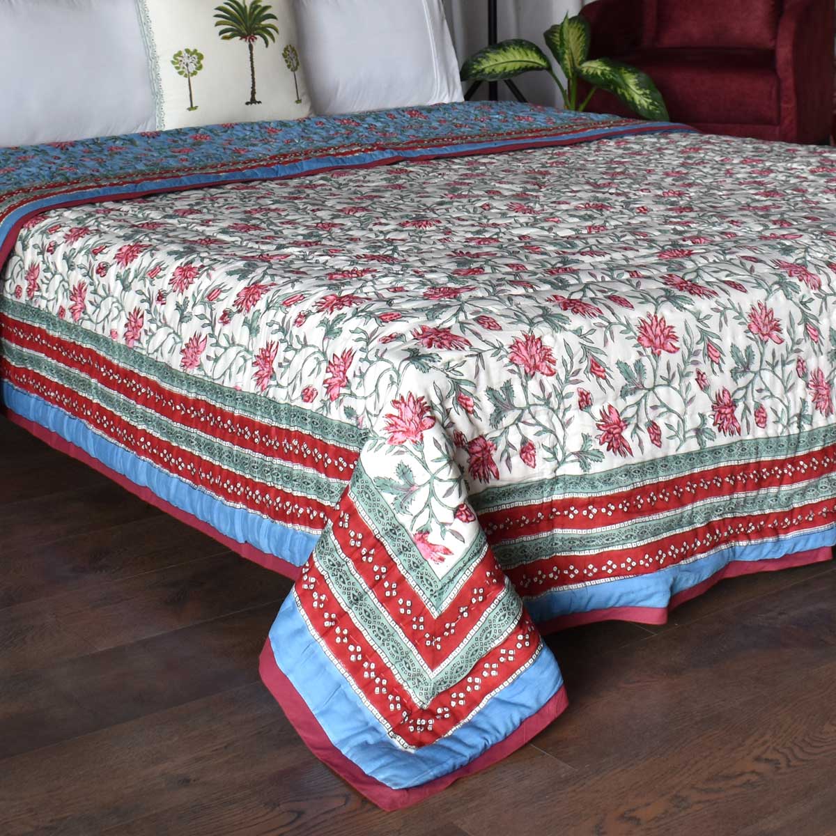 Hand Block Printed Cotton Queen Quilt Cornflower Blue Gud 104845