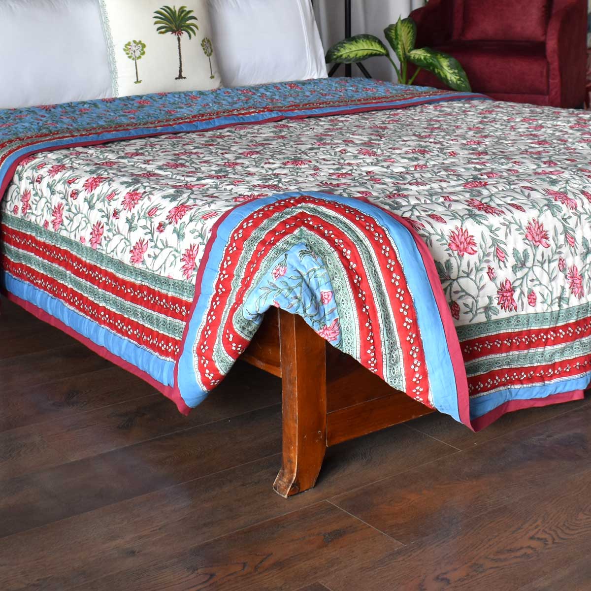 Hand Block Printed Cotton Queen Quilt Cornflower Blue Gud 104845
