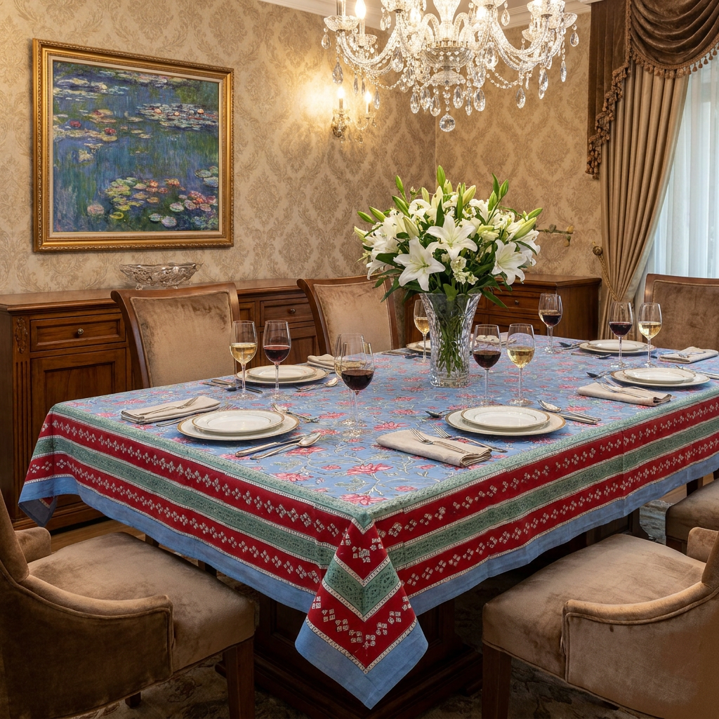 Hand Block Printed Cotton Tablecloth 150x220 cm Cornflower Blue Gud 104845