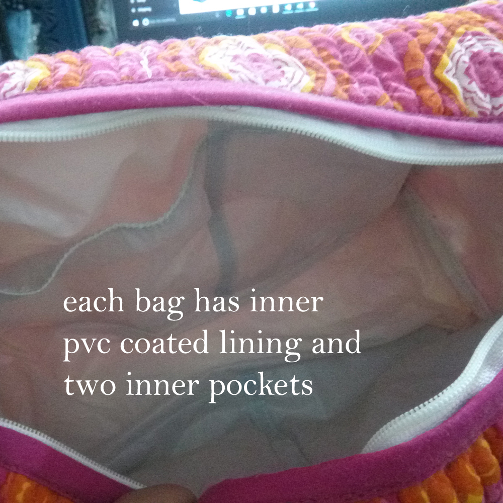 Hand Block Printed Cotton Quilted Cosmetic Bag Set of 2 Neem Pink 101819