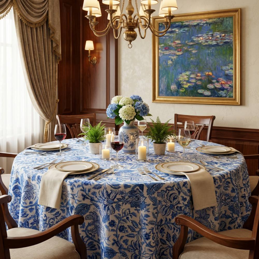 Image of Hand Block Printed Cotton Round Tablecloth 180 cm | Anarkali Blue Open 106795