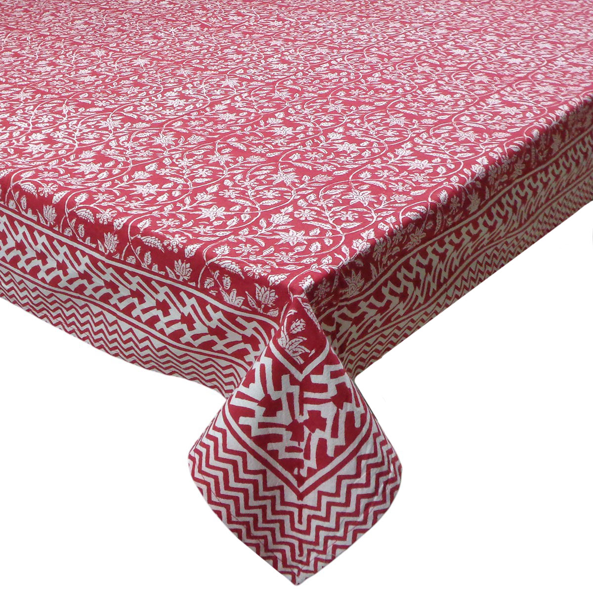 Wood Block Printed Handmade Tablecloth 150x220 cms Crimson Bloom 202408