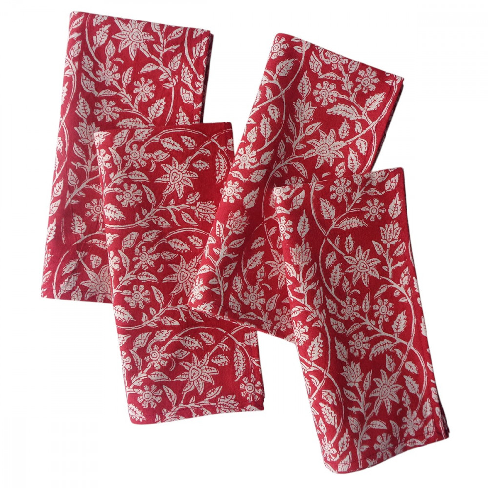Image of Hand Block Printed Cotton Napkin 45x45 cms (Set of 4 Napkins) | Crimson Bloom 202408