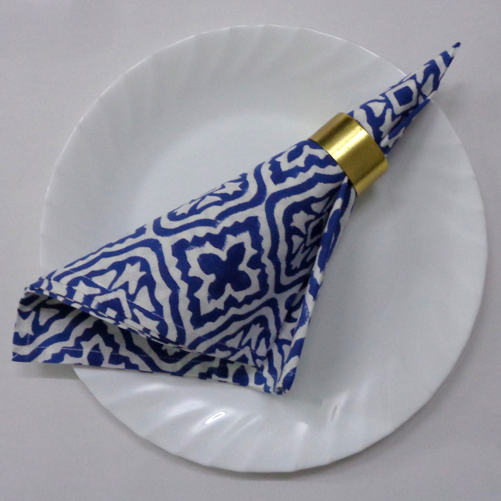 Hand Block Printed Cotton Napkin 45x45 Set of 4 Napkins Cross Flower Blue 302287