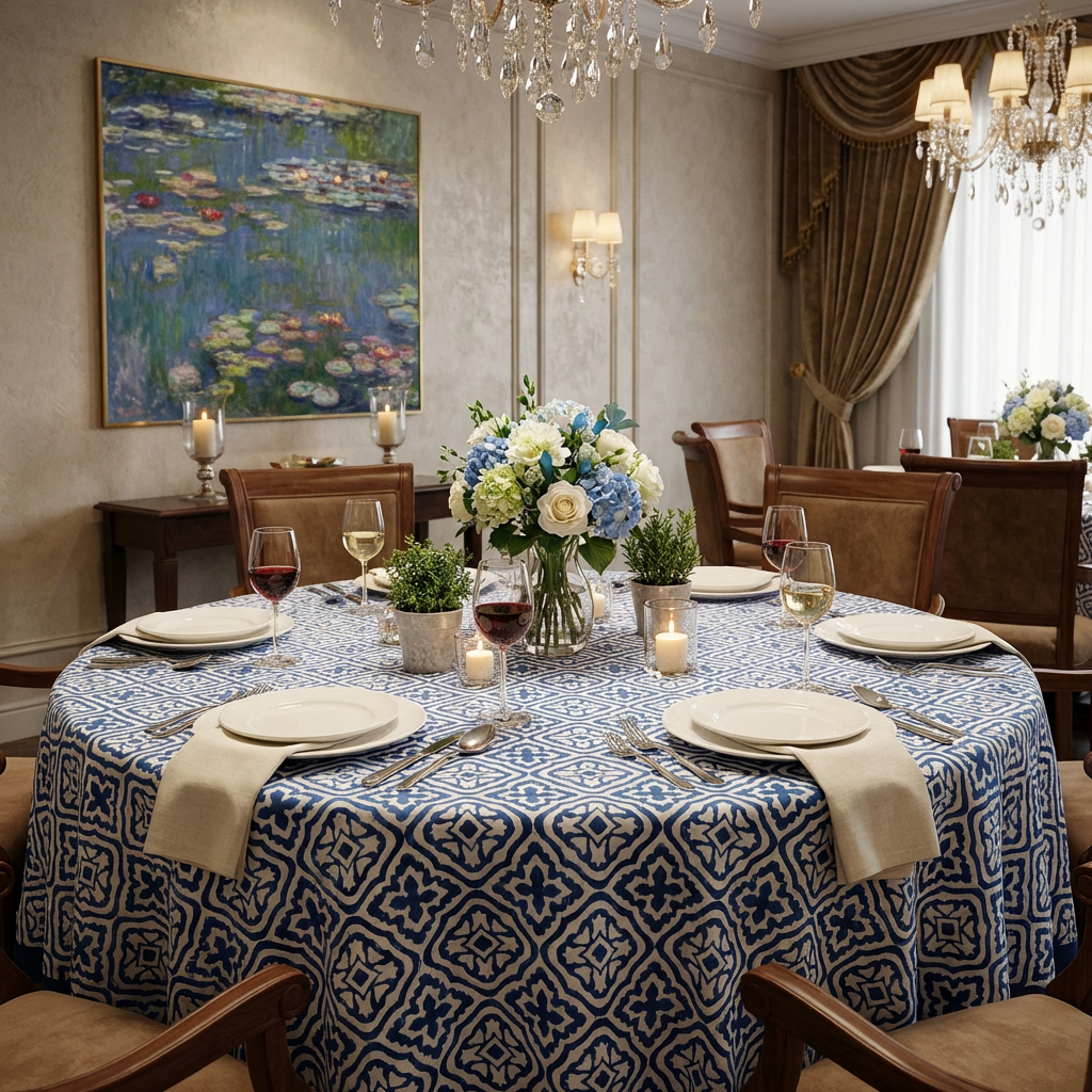 Hand Block Printed Cotton Round Tablecloth 180 cms  Cross Flower Blue 302287