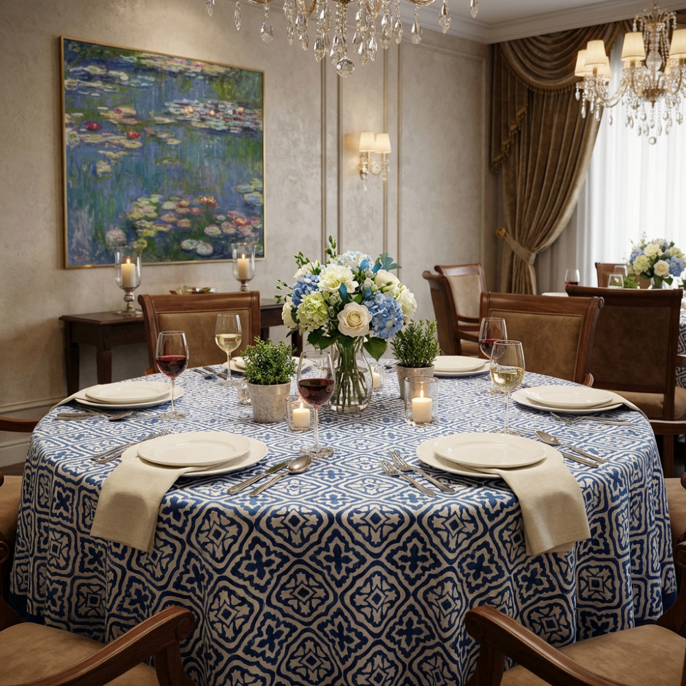 Image of Hand Block Printed Cotton Round Tablecloth 180 cms | Cross Flower Blue 302287