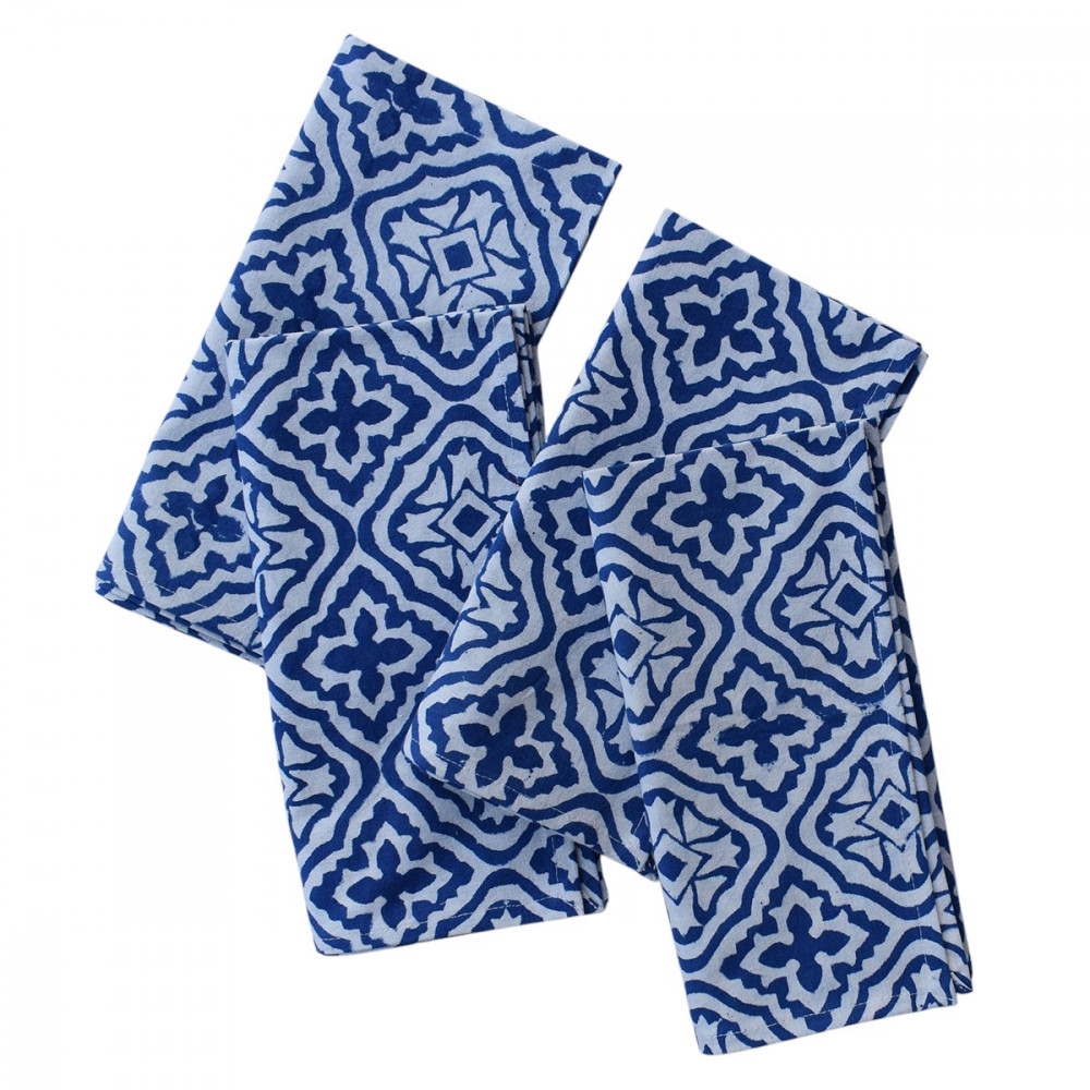 Image of Hand Block Printed Cotton Napkin 45x45 (Set of 4 Napkins) | Cross Flower Blue 302287
