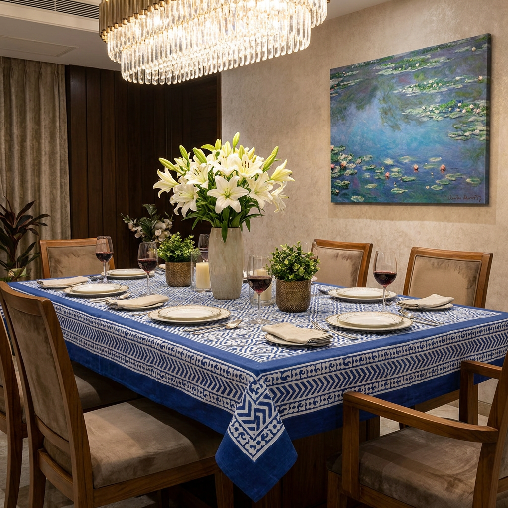 Hand Block Printed Cotton Tablecloth 180x270 Cross Flower Blue 302287