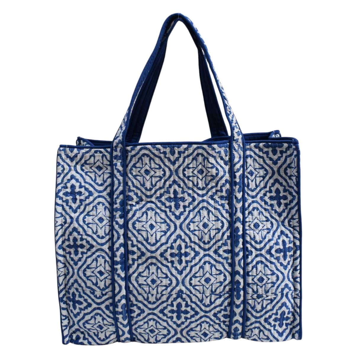 Hand Block Printed Cotton Quilted Tote Bag Cross Flower Blue 302287